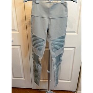 Alo Yoga High Waist Moto Leggings Light Blue Ribbed Panels Athleisure Women M